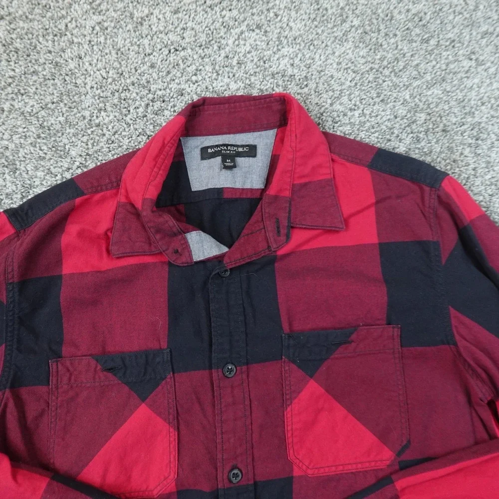 Banana Republic Shirt Mens M Red Black Buffalo Plaid Flannel Slim Fit Button Up